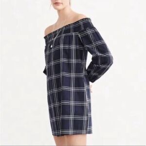 Abercrombie Fitch Plaid Off Shoulder Mini Dress Navy White Women’s Large